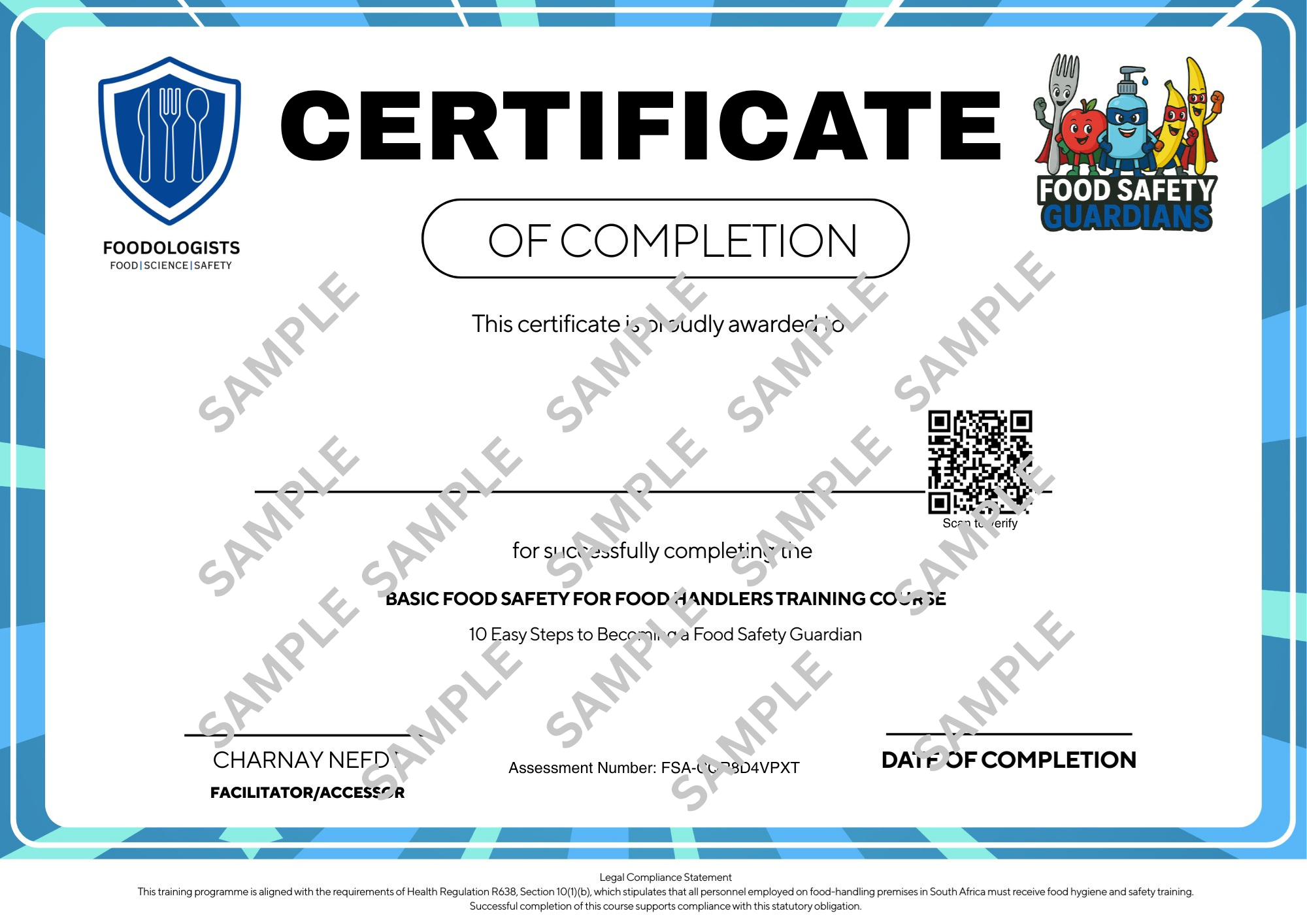 Food Safety Certificate of Completion - Sample